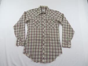 H Bar C Ranchwear Shirt Western Pearl Snap Beige Red Blue 15.5 34 1970s